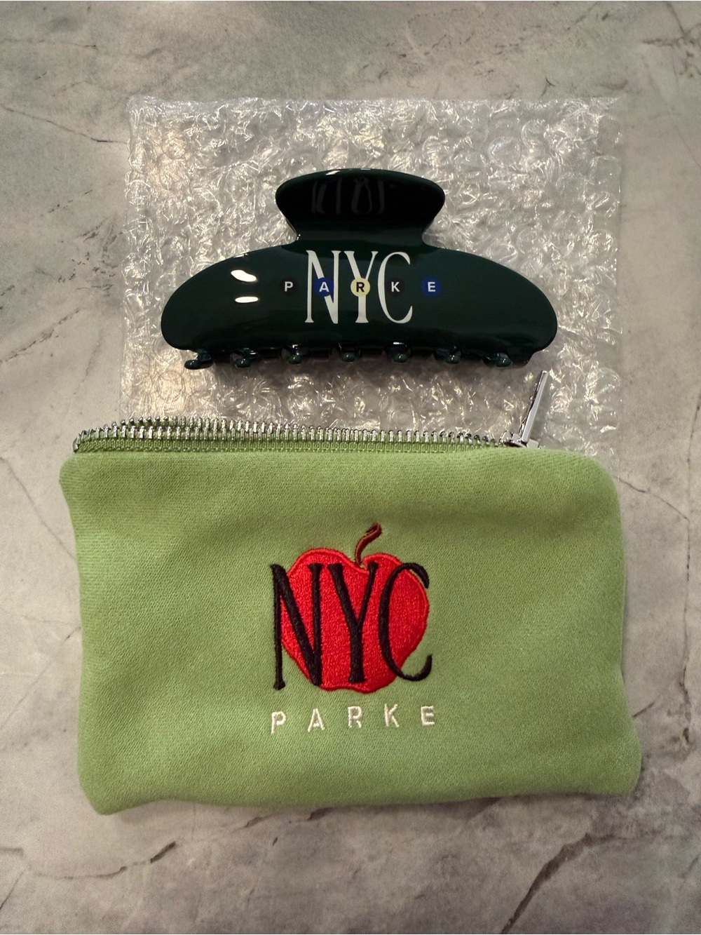 Parke NYC Green Zip Pouch with Dark Green Hair Clip Set